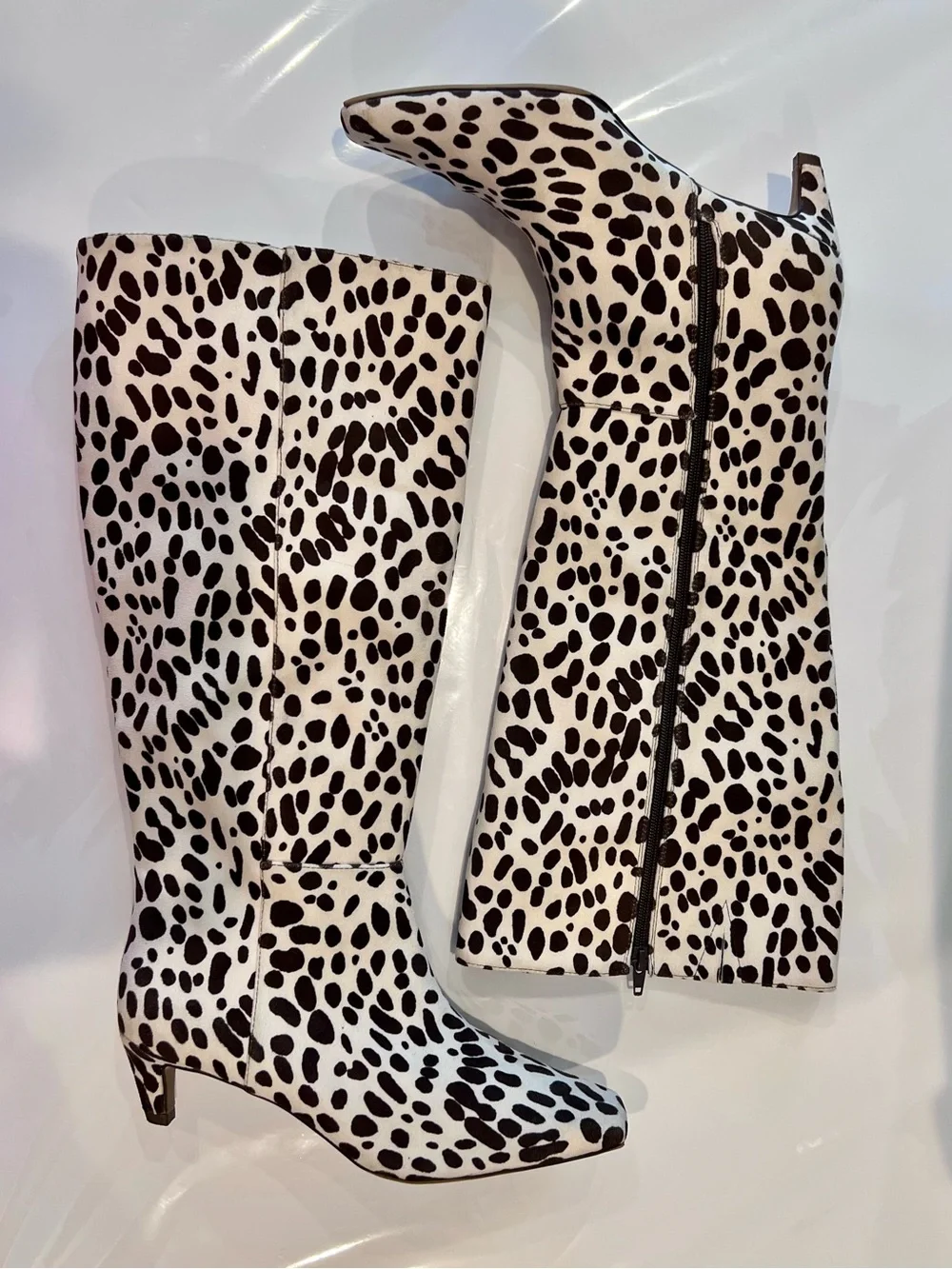 Scoop Dalmatian/Cow Ptint Women's Knee-High Kitten Heel Boots - White/Brown